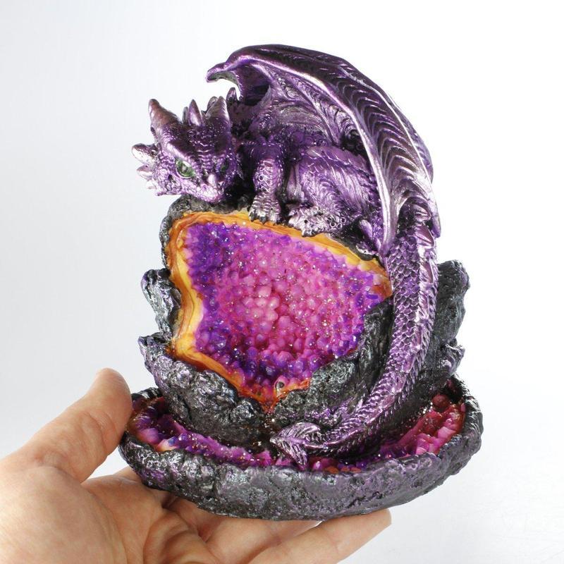 Backflow Incense Burner Purple Dragon On Geode LED Nature's Treasures