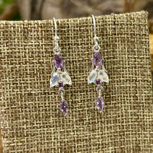 Dainty Amethyst With Rainbow Moonstone Chandelier Earrings || .925 Sterling Silver-Nature's Treasures
