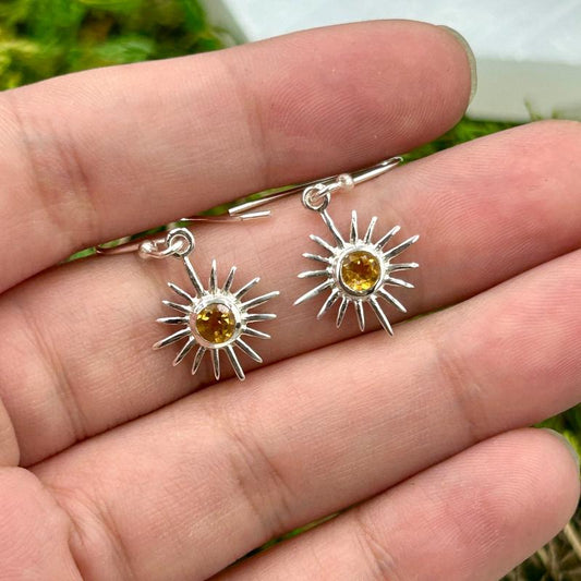 Dainty Multi-Faceted Citrine Sun French Hook Earrings || .925 Sterling Silver-Nature's Treasures