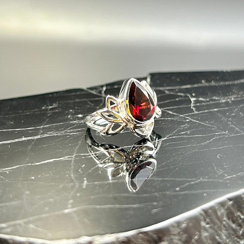 Faceted Garnet Lotus Flower Ring || .925 Sterling Silver-Nature's Treasures