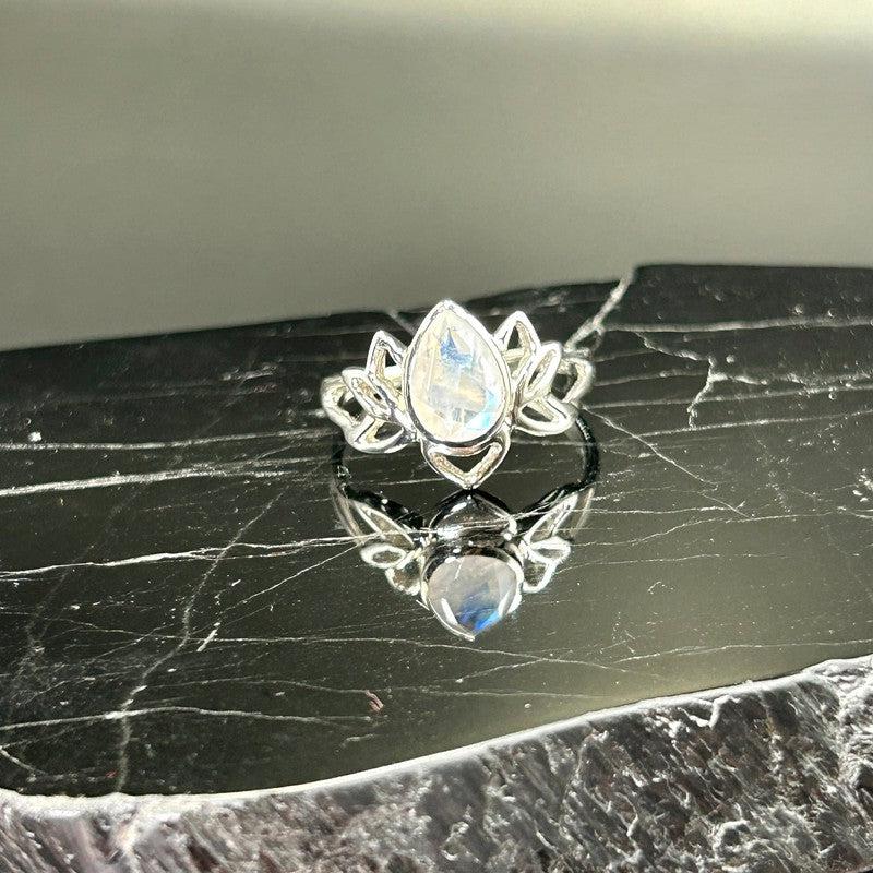 Faceted Rainbow Moonstone Lotus Flower Ring || .925 Sterling Silver