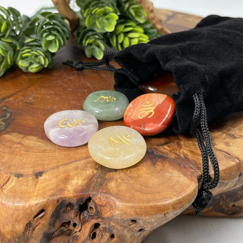 Flat Stone Chakra Set With Velvet Bag || Sanskrit and Sacred Geometry-Nature's Treasures
