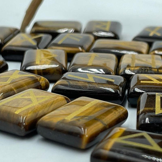 Gold Printed Rune Symbol Stone Set || Yellow Tiger's Eye-Nature's Treasures