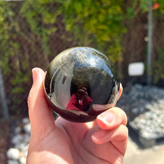 Gold Sheen Obsidian Sphere in a hand with an outdoor background