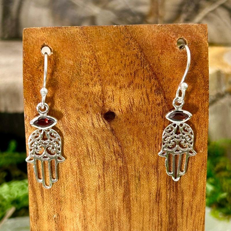 Healing Hands Hamsa With Garnet Earrings || .925 Sterling Silver-Nature's Treasures