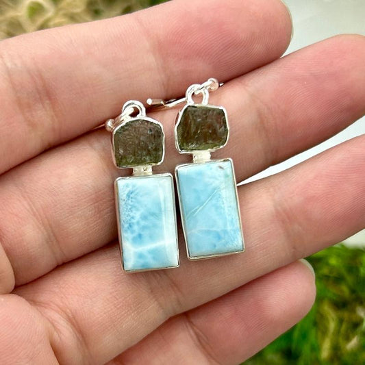 Larimar With Moldavite French Hook Earrings || .925 Sterling Silver-Nature's Treasures