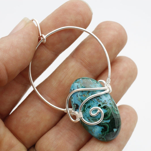 Malachite in Chrysacolla Wire Wrapped Pendant | .925 Sterling Silver-Nature's Treasures