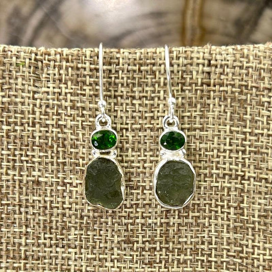 Moldavite With Chrome Diopside French Hook Earrings || .925 Sterling Silver-Nature's Treasures