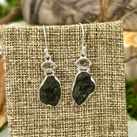 Moldavite With Herkimer Diamond French Hook Earrings || .925 Sterling Silver-Nature's Treasures