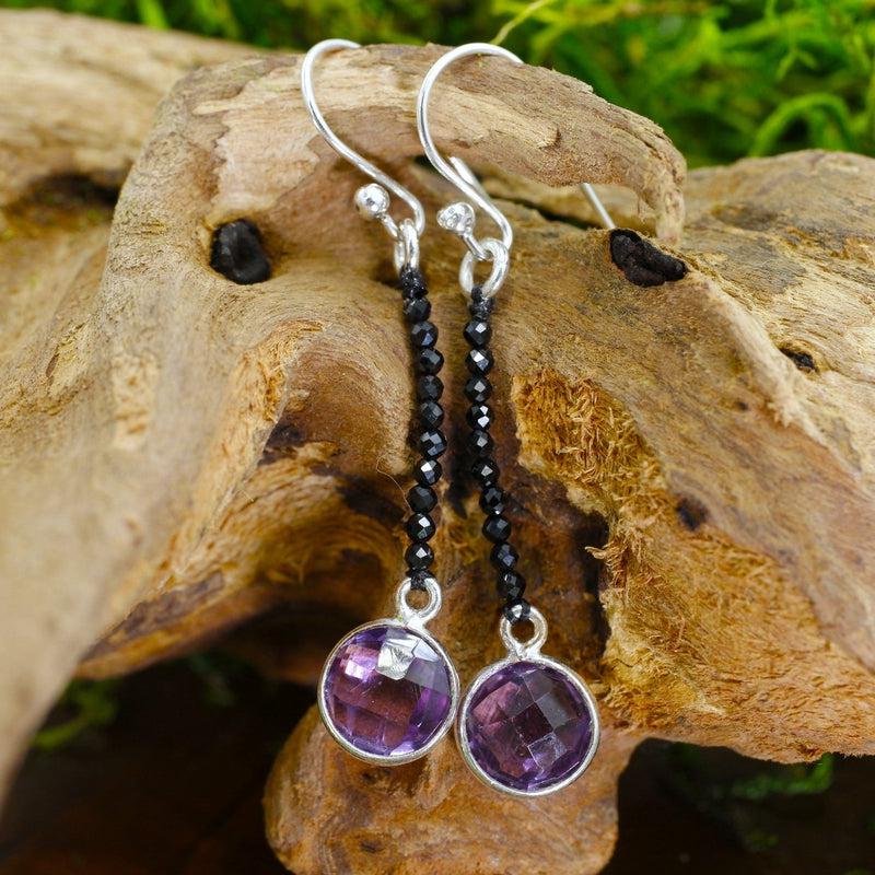 Multi-Faceted Amethyst With Black Spinel Dangle Earrings || .925 Sterling Silver-Nature's Treasures