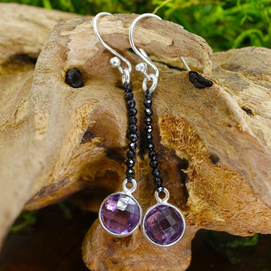 Multi-Faceted Amethyst With Black Spinel Dangle Earrings || .925 Sterling Silver-Nature's Treasures