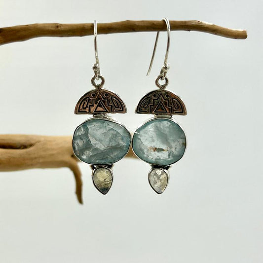 Multi-Faceted Aquamarine With Rainbow Moonstone Earrings || .925 Sterling Silver-Nature's Treasures
