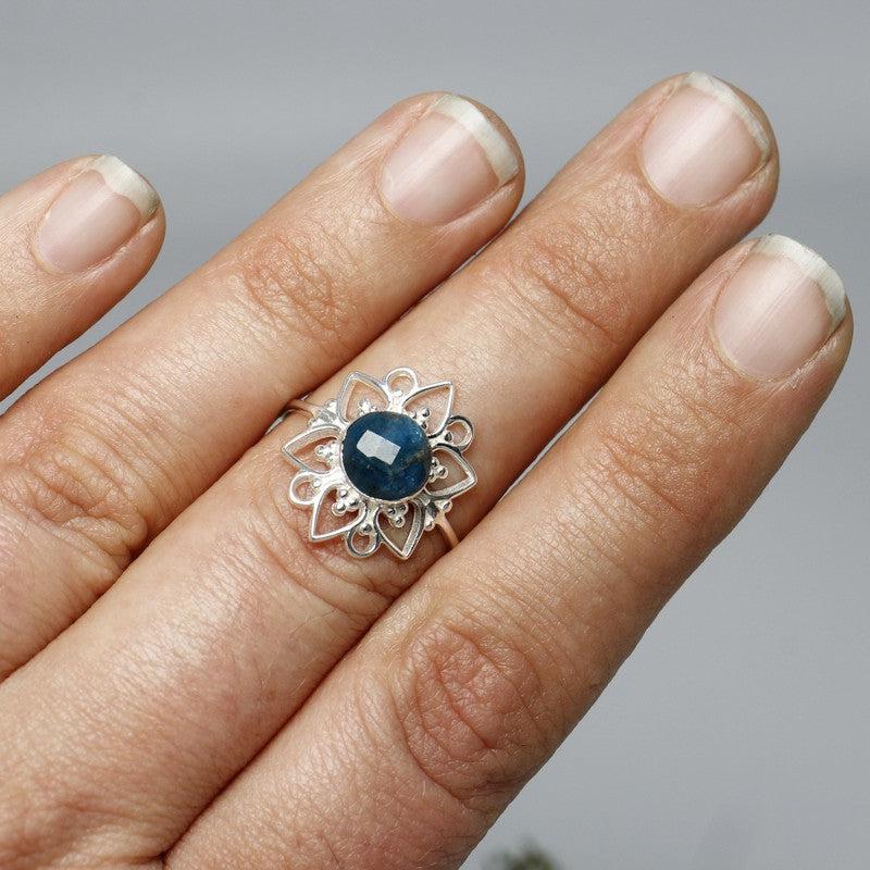 Multi-Faceted Blue Apatite Flower Rings || .925 Sterling Silver-Nature's Treasures