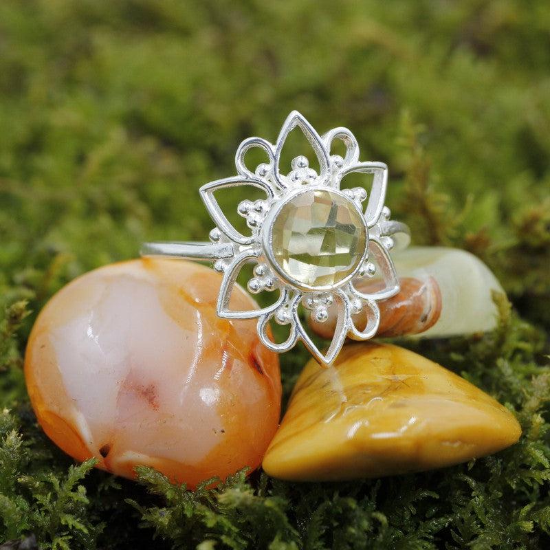 Multi-Faceted Citrine Flower Rings || .925 Sterling Silver-Nature's Treasures