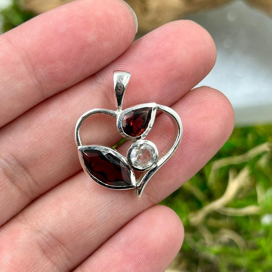 Multi-Faceted Garnet With Quartz Heart Pendant || .925 Sterling Silver-Nature's Treasures