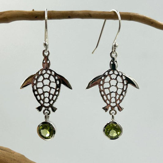 Multi-Faceted Peridot Turtle French Hook Earrings || .925 Sterling Silver-Nature's Treasures