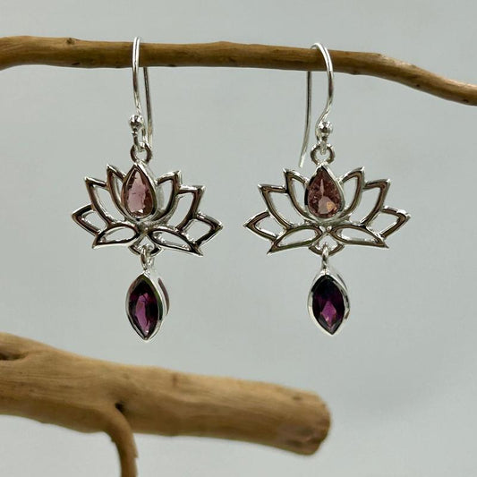 Multi-Faceted Pink Tourmaline With Garnet Lotus Earrings || .925 Sterling Silver-Nature's Treasures