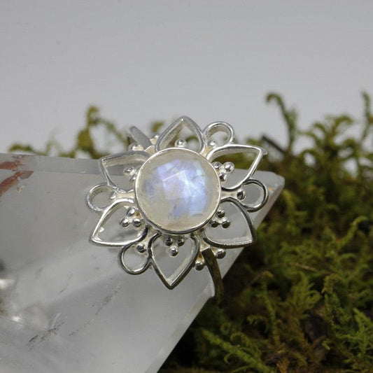 Multi-Faceted Rainbow Moonstone Flower Rings || .925 Sterling Silver-Nature's Treasures