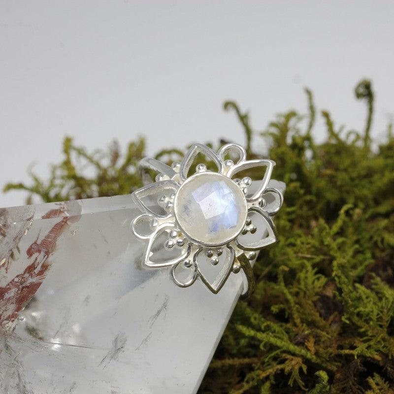 Multi-Faceted Rainbow Moonstone Flower Rings || .925 Sterling Silver-Nature's Treasures