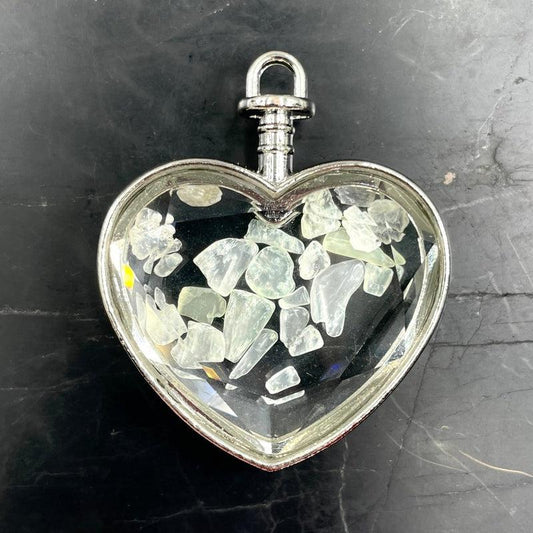 Natural Gemstone Chip Heart-Shaped Glass Pendant || Silver Plated-Nature's Treasures