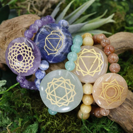 Natural Gemstone w/ Chakra Symbols Bracelet || Chakra Balance-Nature's Treasures