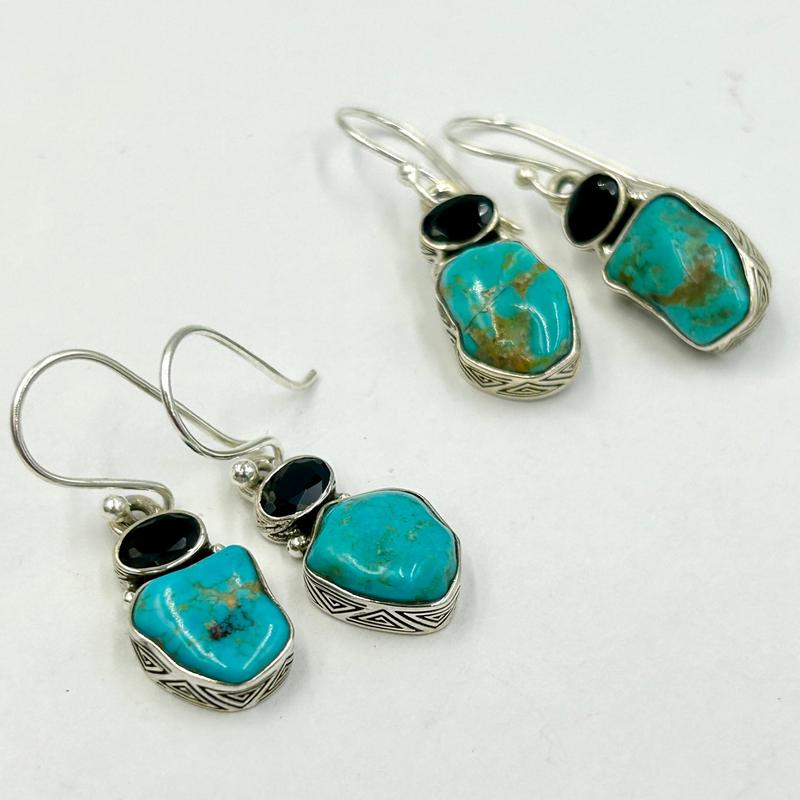 Nevada Turquoise With Faceted Black Spinel Earrings || .925 Sterling Silver-Nature's Treasures