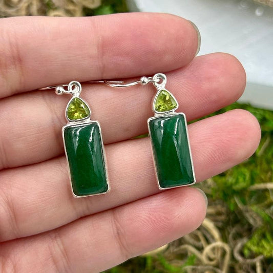 Rectangular Jade With Peridot French Hook Earrings || .925 Sterling Silver-Nature's Treasures