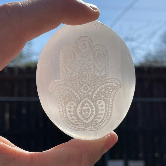 Selenite Satin Spar Hamsa Hand Palm Stone || Aura Cleansing-Nature's Treasures