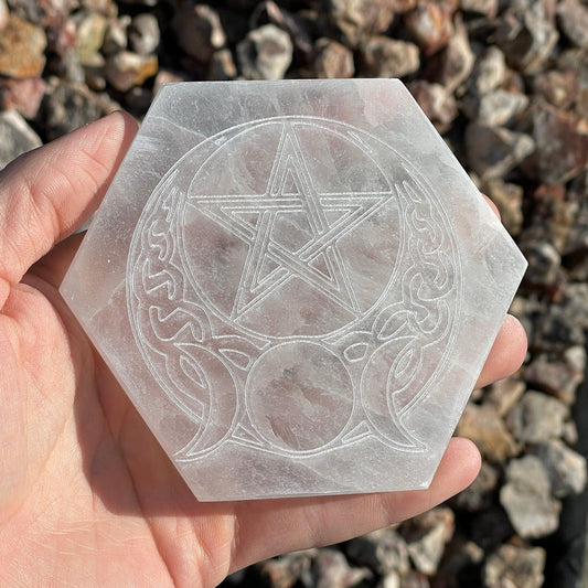 Selenite Satin Spar Hexagon Charging Plate || Celtic Pentagram With Triple Moon-Nature's Treasures