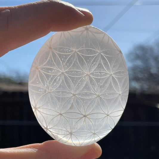 Selenite Satin Spar Palm Stones || Flower Of Life-Nature's Treasures