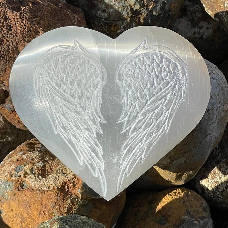 Selenite Satin Spar Puff Heart With Angel Wings || Aura Cleansing-Nature's Treasures