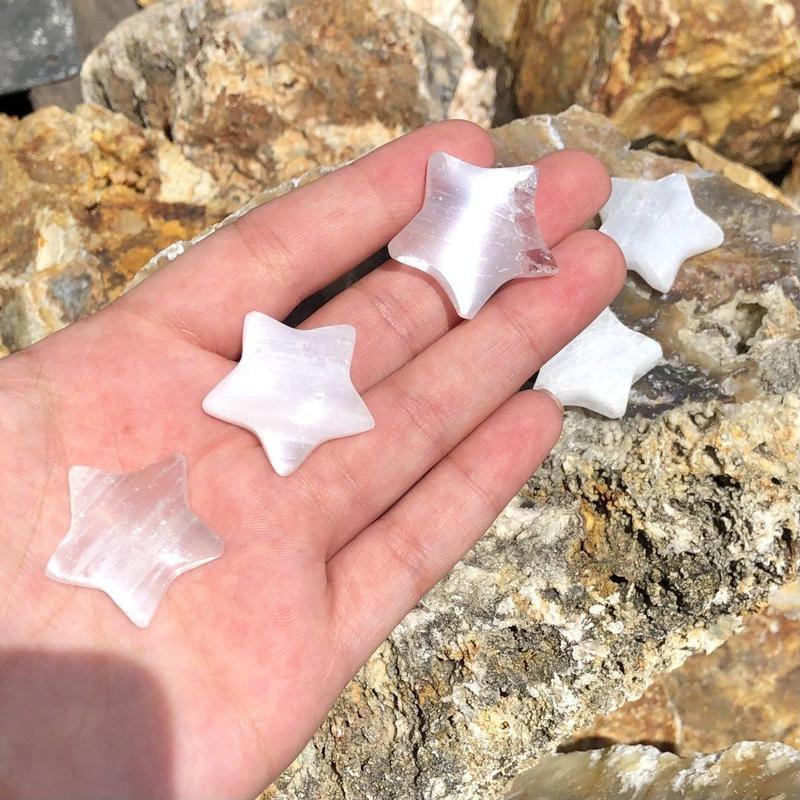 Selenite Satin Spar Star Carvings || Pocket-Size