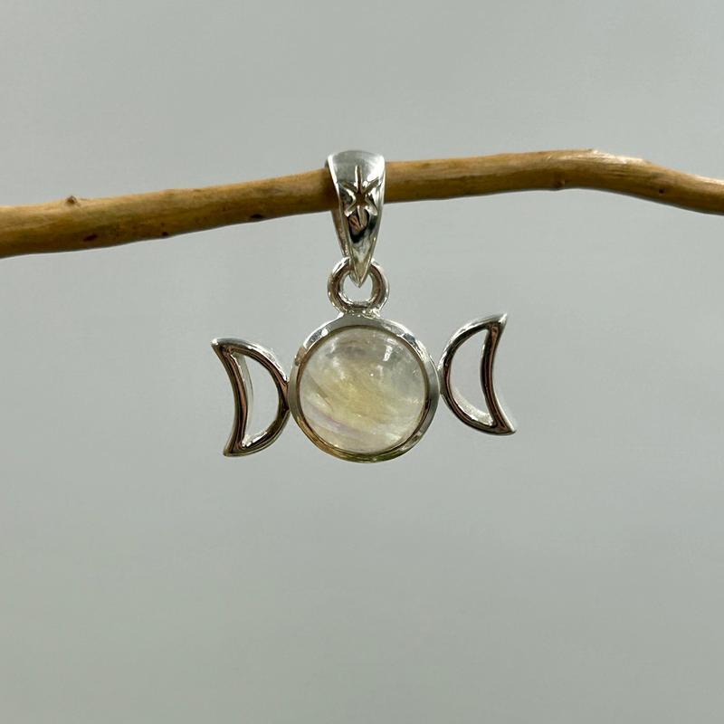 Triple Moon Rainbow Moonstone Pendant || .925 Sterling Silver-Nature's Treasures