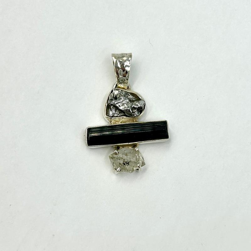 Unisex Meteorite, Tourmaline, Herkimer Diamond Pendant || .925 Sterling Silver-Nature's Treasures