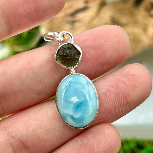 Unisex Moldavite With Larimar Pendant || .925 Sterling Silver-Nature's Treasures