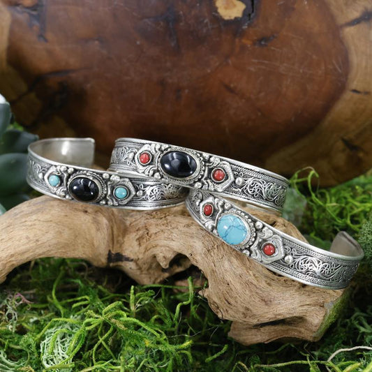 Unisex Tibetan White Metal Gemstone Bracelet-Nature's Treasures