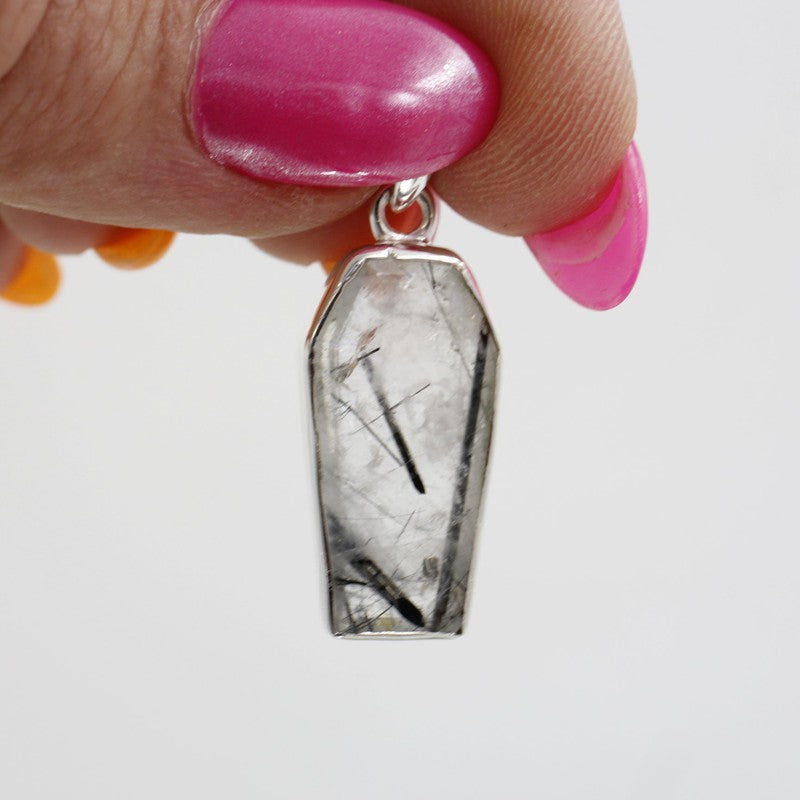 Unisex Tourmalinated Quartz Coffin Pendants || .925 Sterling Silver-Nature's Treasures