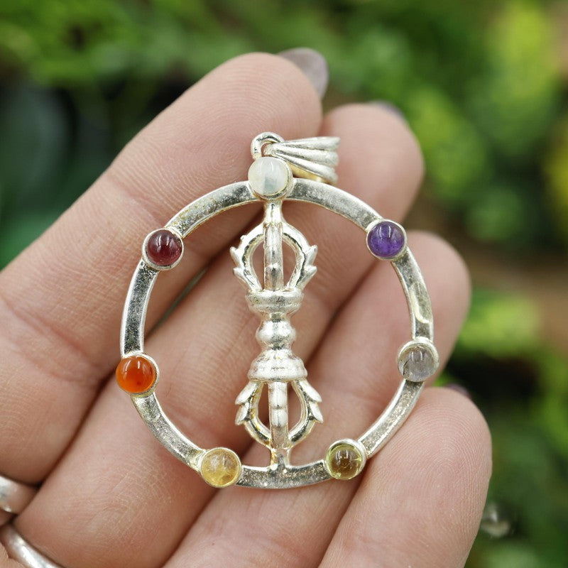 Unisex White Metal Tibetan Dorje Chakra Pendant-Nature's Treasures