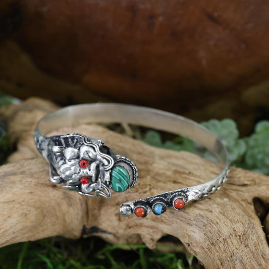 Unisex White Metal Tibetan Dragon Head Gemstone Bracelet-Nature's Treasures