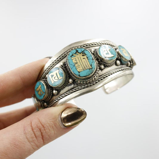 White Metal Tibetan Kalachakra w/ Reconstituted Turquoise Bracelet-Nature's Treasures
