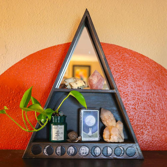 SHOW PRODUCT: Wooden Altar Shelf with Mirror - Moon Phases-Nature's Treasures