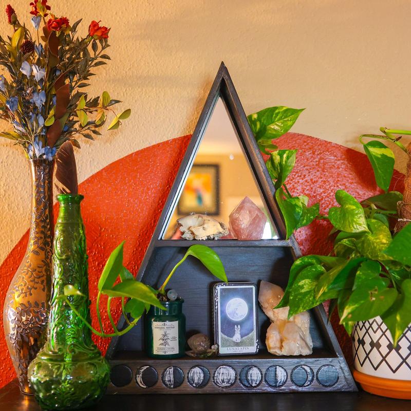 SHOW PRODUCT: Wooden Altar Shelf with Mirror - Moon Phases-Nature's Treasures
