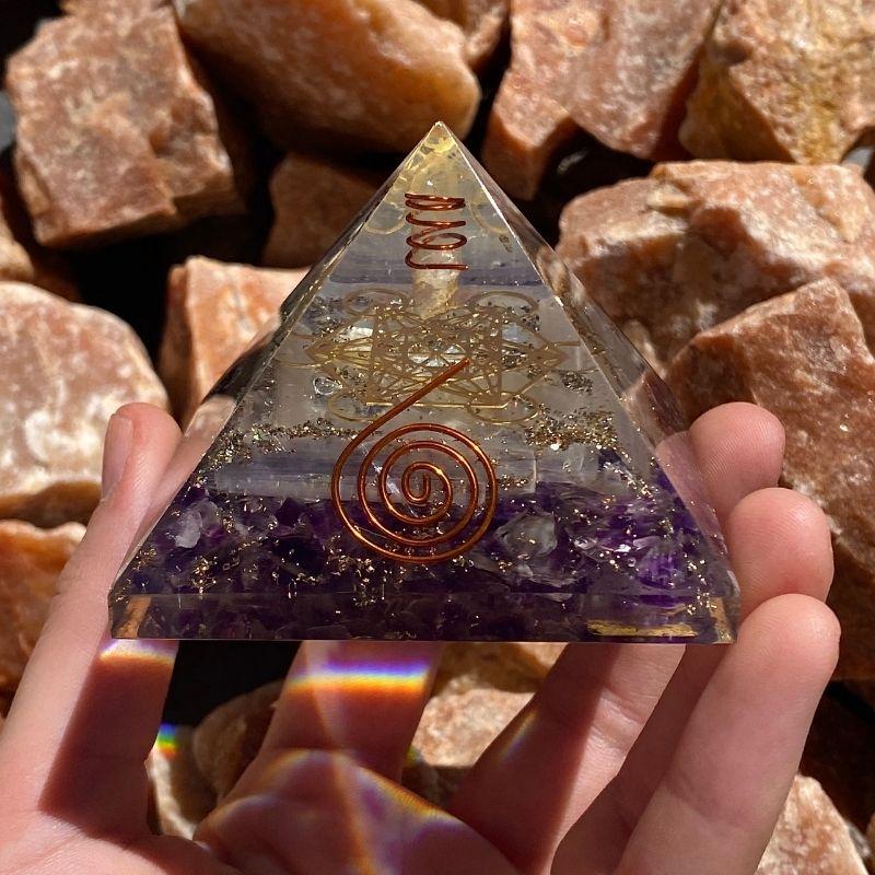EMF Protection Orgonite Pyramid Amethyst, Selenite, Quartz, Copper w/ Metatron Symbol || 75MM