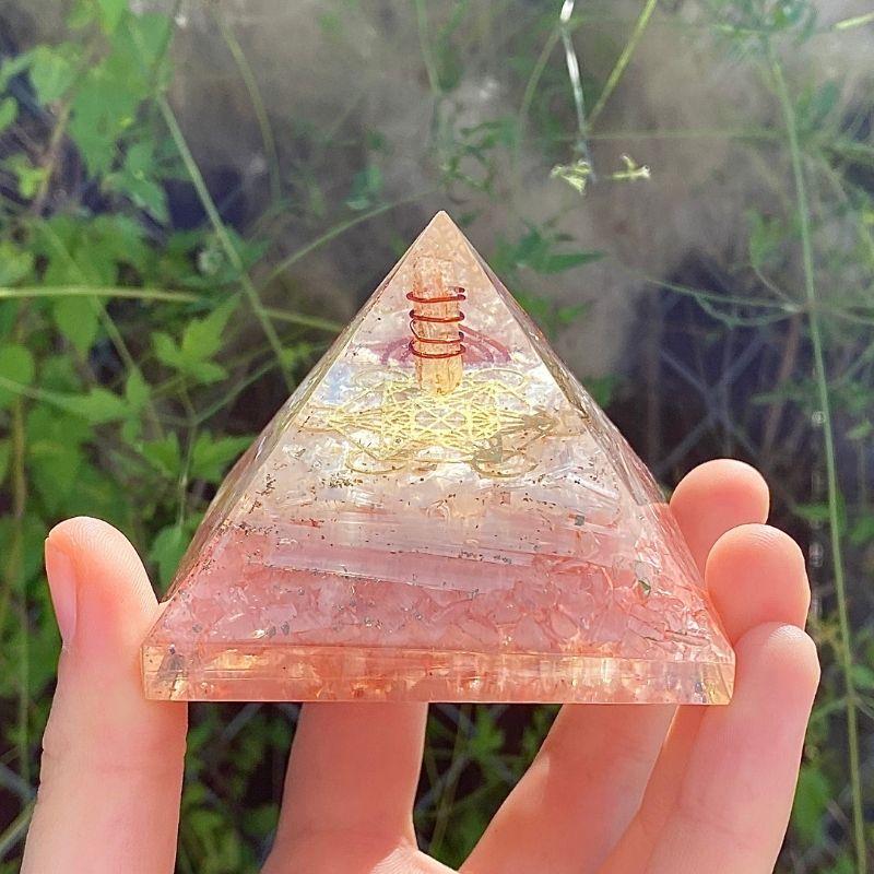 EMF Protection Orgonite Pyramid Rose Quartz, Selenite, Quartz, Copper w/ Metatron Symbol || 75MM-Nature's Treasures