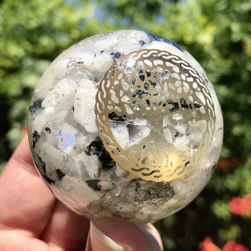 EMF Protection Orgonite Rainbow Moonstone, Copper Flakes Sphere || 50MM || Tree Of Life-Nature's Treasures