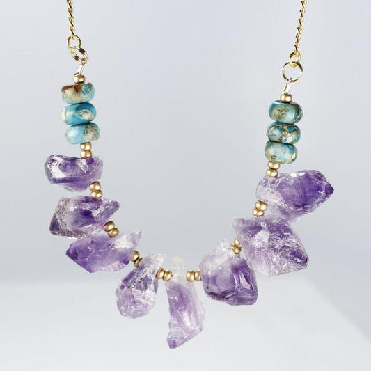 Etymology Jewelry - Amethyst Points & Turquoise Brass Necklace-Nature's Treasures