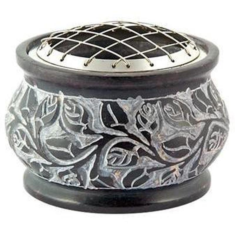 Floral Carved Natural Soapstone Screen Charcoal Burner-Nature's Treasures