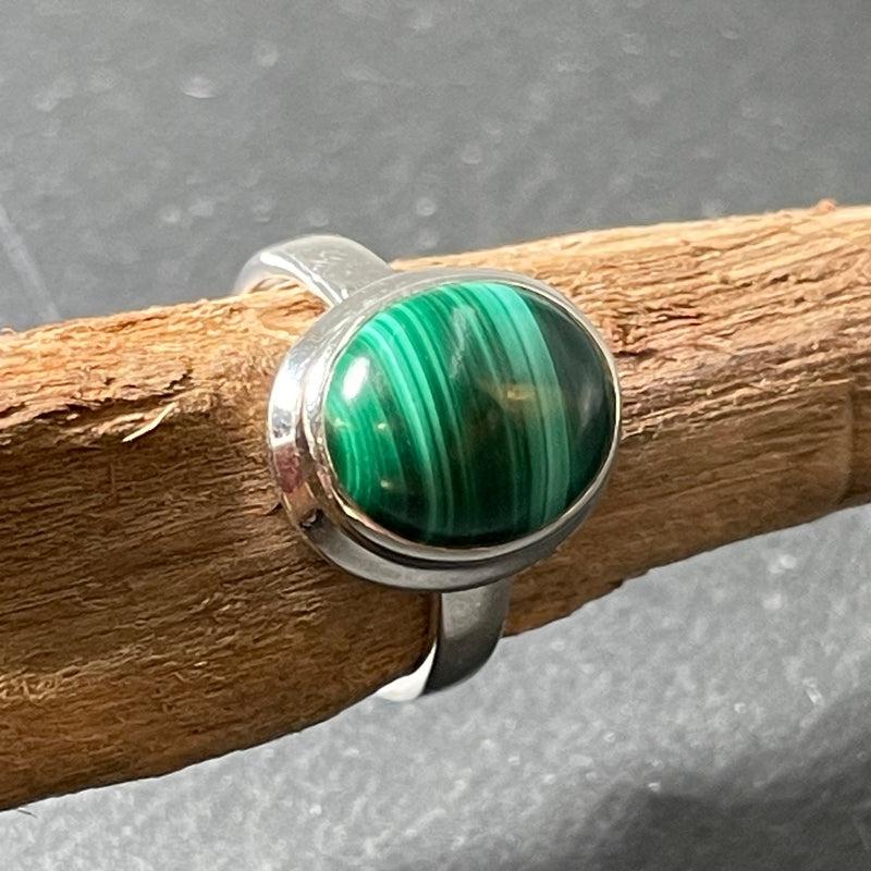 Forest Green Malachite Oval Ring || .925 Sterling Silver || Russia