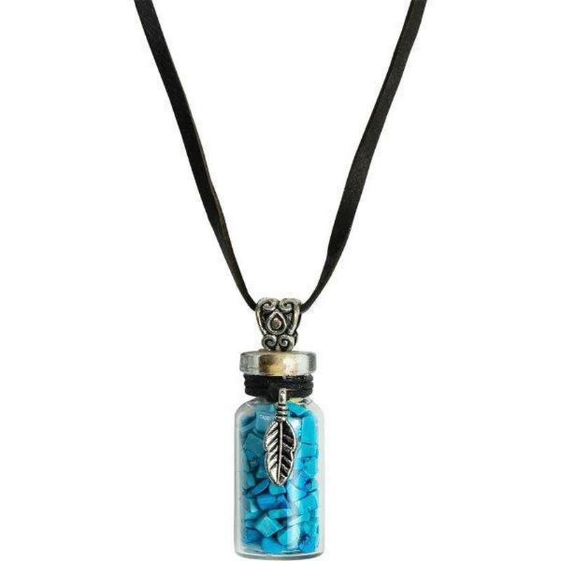 Gemstone Chip Bottle Necklace - Turquoise with Feather