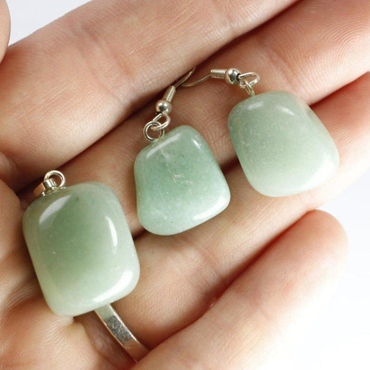 Green Aventurine Tumble Stone Jewelry Set || Pendant & Earrings-Nature's Treasures